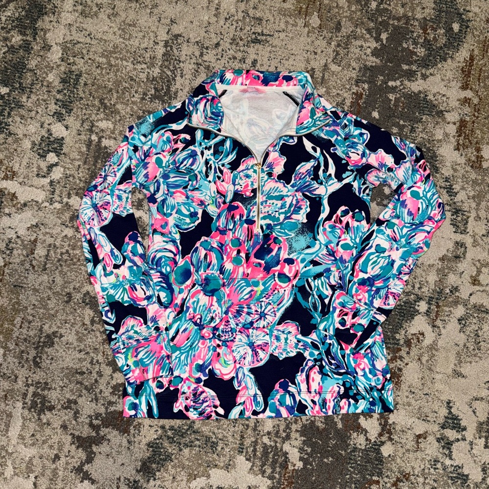 Lilly Pulitzer Vibrant Floral Half-Zip popover- Pink, Blue, White